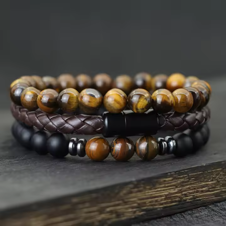 Set De 3 Pulseras Para Hombre Noter 8mm Piedra Natural De Onix Y Ojos De Tigre Con Cierre Magnético En Cuero Pulsera Hombre Regalo - 1