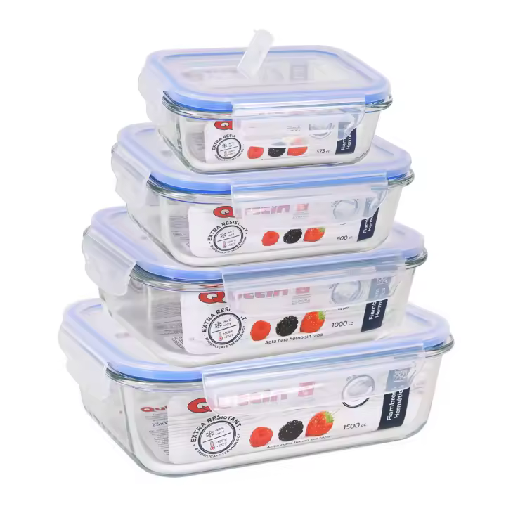 Quttin Set de 4 Recipientes Herméticos - Fiambreras - Vidrio Borosilicato con Tapas - 375cc, 600cc, 1000cc, 1500cc - Contenedores de Almacenamiento para Alimentos, Apto para Horno y Microondas - 1