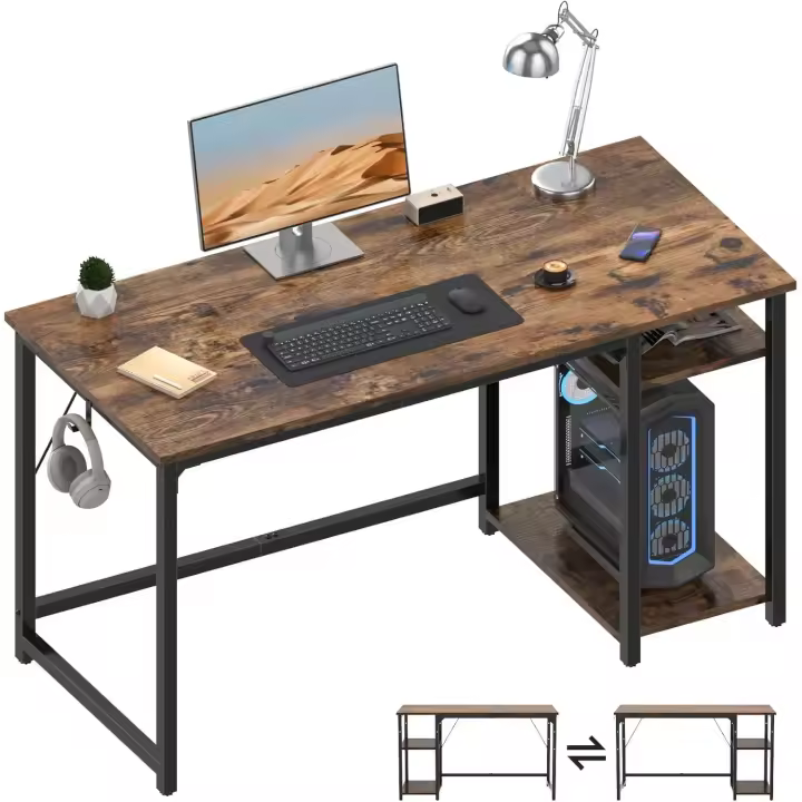Mesa Escritorio, Escritorio Ordenador con Estanteria, Mesa de Juego, 120x50x75cm, con Estante Organizador, Gancho para Auriculares, para Oficina, Dormitorio, Sala de Estudio Marrón - 1