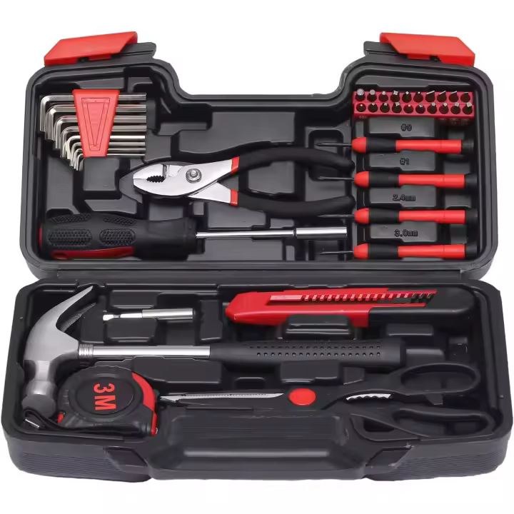 Kit de herramientas domésticas de 39 piezas, pequeño juego de herramientas básicas para el hogar con caja de herramientas de plástico, ideal para estudiantes universitarios, uso doméstico y má - 1