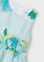 Mayoral. Vestido Estampado Floral Verde Agua, Azul y Amarillo. Cierre con Botón Trasero. Detalle en Cintura de Flores. - details 2