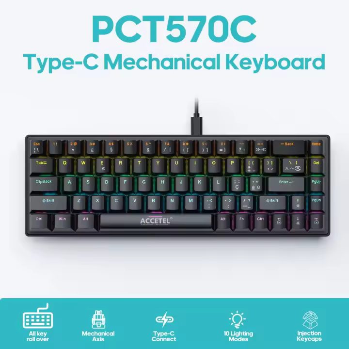 Teclado Mecánico PCT570 - Iluminación RGB y Conector USB-C (Portugués) - Marca Accetel PCT570CBK - 1