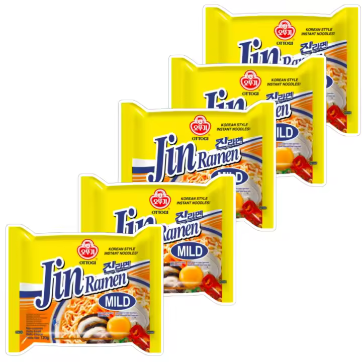 Jin Ramen Coreano Ottogi Pack 5 - Sabor Original, Picante, Veggie o Gambas, Autentico y delicioso, Envió Gratis - 1