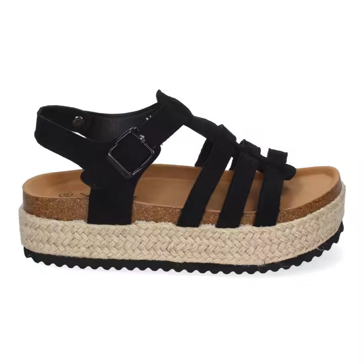 PuntoSalao Sandalias planas en yute tiras en pala para mujer negro M-260 - 1