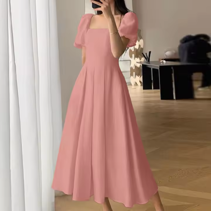 ZANZEA Vestido Largo Elegante Coreano Con Manga Puff Y Cuello Cuadrado Vestido De Verano Vintage A-Line Con Cintura Decorativa - 1