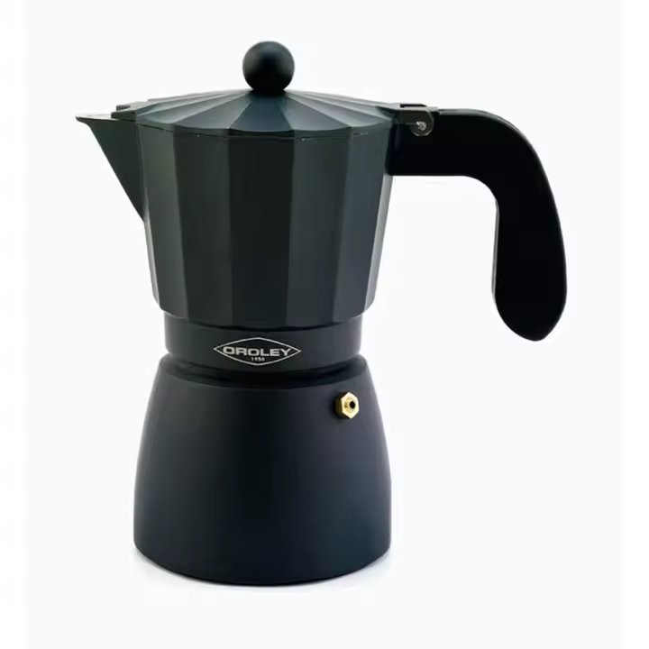 Cafetera italiana Oroley Negra Touareg  de estilo tradicional de 1, 3, 6, 9 y 12 tazas en color negro apta para vitrocerámica, fuego y gas - 1
