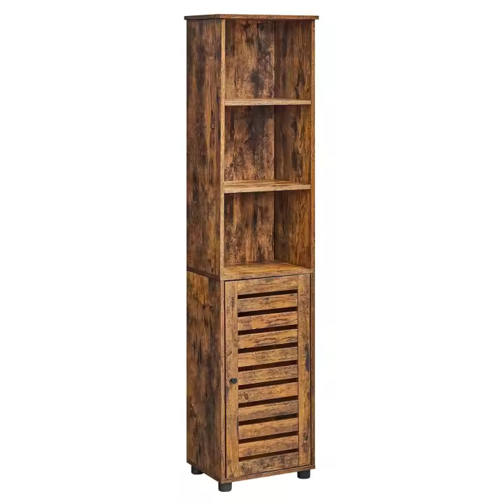 VASAGLE Armario de Suelo, Armario de baño con 3 Compartimentos Abiertos y 2 estantes Ajustables detrás de la Puerta, Armario de Almacenamiento para salón, Entrada, Cocina, Dormitorio, marrón rústico - 1