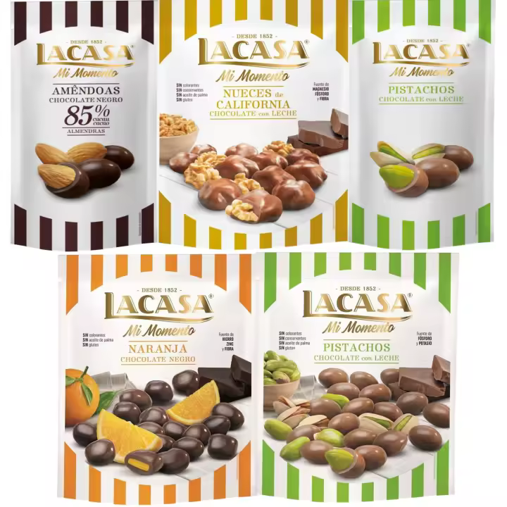 Lacasa Mi Momento pack de 5:Pistacho Chocolate Leche,Almendra 85% ,Nueces Chocolate Leche ,Naranja Chocolate Negro ,Pistacho Chocolate Leche - 1