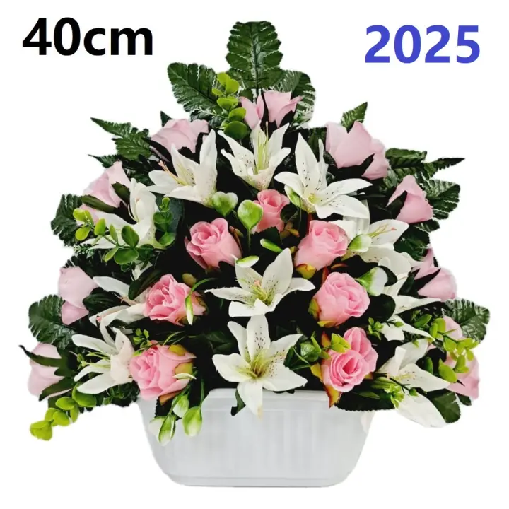 Centro de Flores para Cementerio - Ramos de Flores para Todos los Santos - Flores Artificiales de Tela - Ancho 40cm - Alto 40cm - 1
