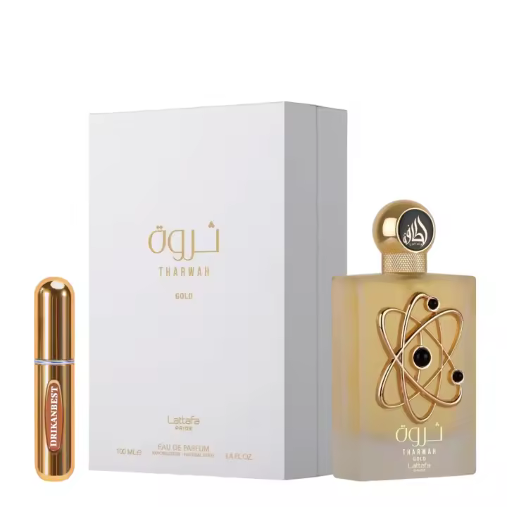 Perfume Tharwah Gold Lattafa 100ml | Eau de Parfum Unisex de Larga Duración | Fragancia Floral y Amaderada con Notas de Vainilla y Ámbar + Regalo Atomizador Recargable 5ml Drikanbest - 1