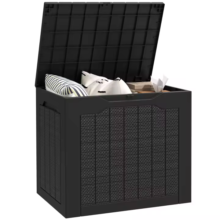 Outsunny Baúl de Almacenaje Exterior 97L Arcón de Jardín Exterior Pequeño de Plástico Impermeable con 2 Asas Integradas y Soporte para Candado 56x41x50 cm Negro - 1