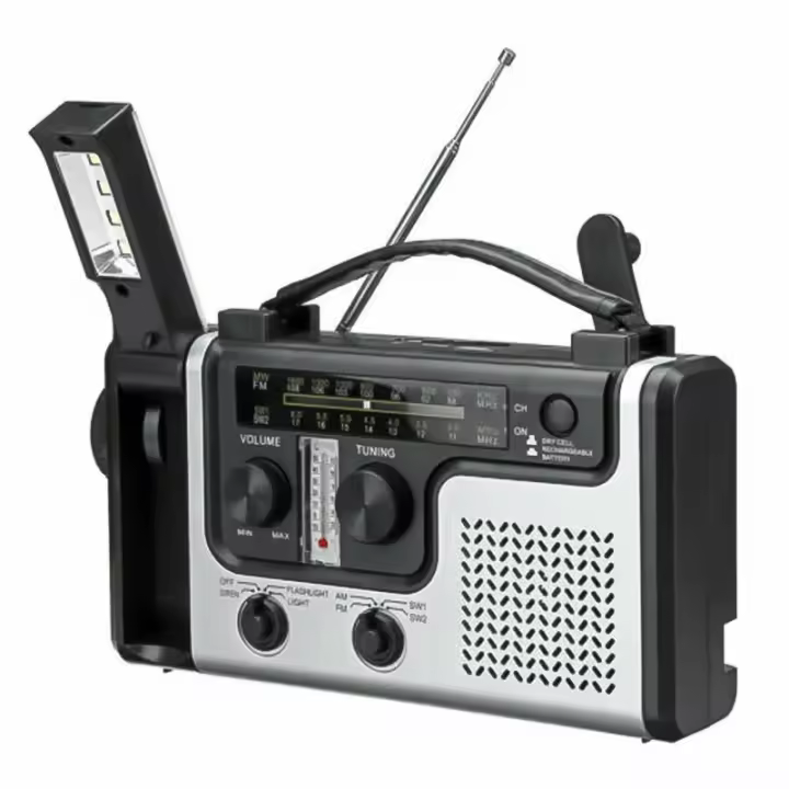 Radio de emergencia con manivela solar AM/FM/SW multibanda con linterna, luz de lectura, sirena y función de carga de teléfono móvil. - 1