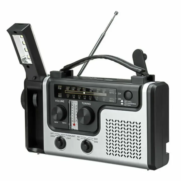 Radio de emergencia con manivela solar AM/FM/SW multibanda con linterna, luz de lectura, sirena y función de carga de teléfono móvil. - 1