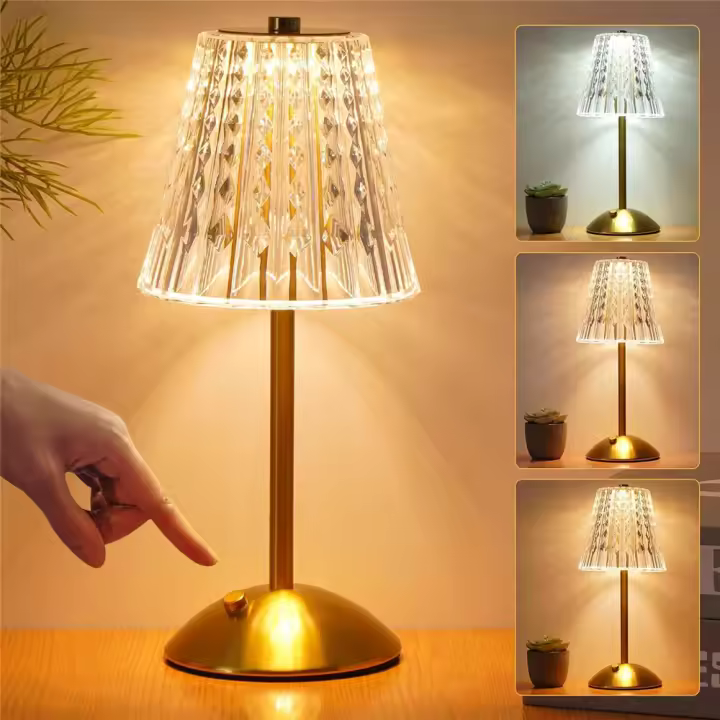 Lámpara De Mesa Recargable De Cristal Con Luz Nocturna 3 Colores Ajustables LED Táctil Portátil Para Dormitorio Y Sala De Estar - 1