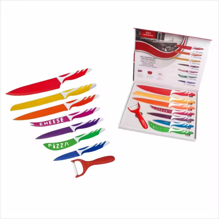 SAPT Set de 7 Cuchillos + 1 Pelador – Cuchillas de Acero Inoxidable – Mango Ergonómico – Diseño Colorido y Moderno – Corte Preciso y Duradero – Fácil de Limpiar – Ideal para Cocina Profesional y Hogar – Regalo Perfecto - 1