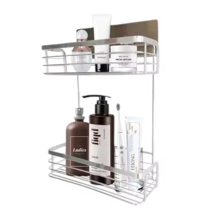 Estantes dobles mejorados para plantas, almacenamiento montado en la pared de acero inoxidable para baño y cocina, organizador de instalación rápida con - 1