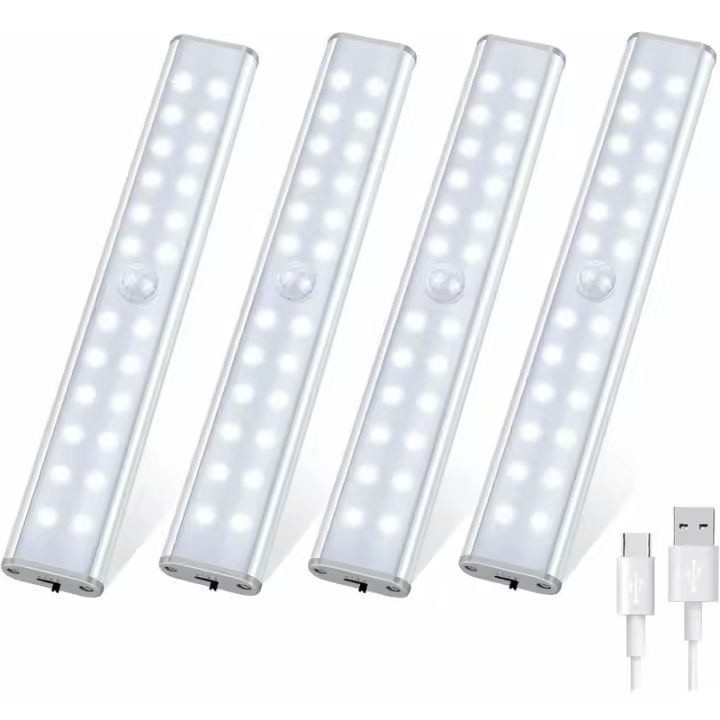 Lámpara LED con sensor de movimiento interior, lámpara de armario de 4 piezas 96 LED, 4 modos de iluminación, lámpara LED recargable inalámbrica, - 1
