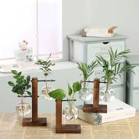 Terrario De Plantas Hidroponicas Vintage Jarrón De Flor Transparente Con Marco De Madera Vaso De Cristal Para Decoración De Hogar Y Bonsái En Mesas - details 0
