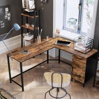 Escritorio de esquina en forma de l con almacenamiento, diseño ahorro de espacio, fácil montaje, estilo industrial, marco de acero, marrón rústico y negro - details 4