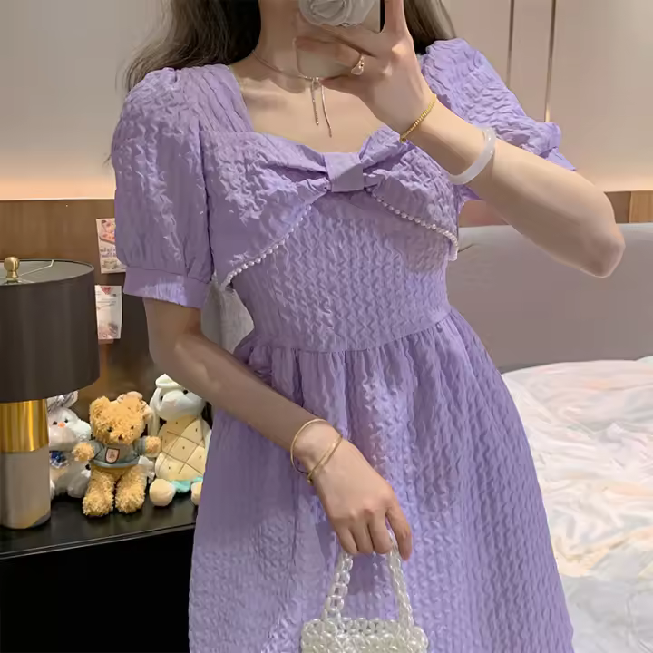 Vestido Vintage Bordado YUQI Para Mujer Verano 2024 Cierre De Cremallera Estilo Hepburn Retro Elegante Mini Con Cinturón Y Bow - 1
