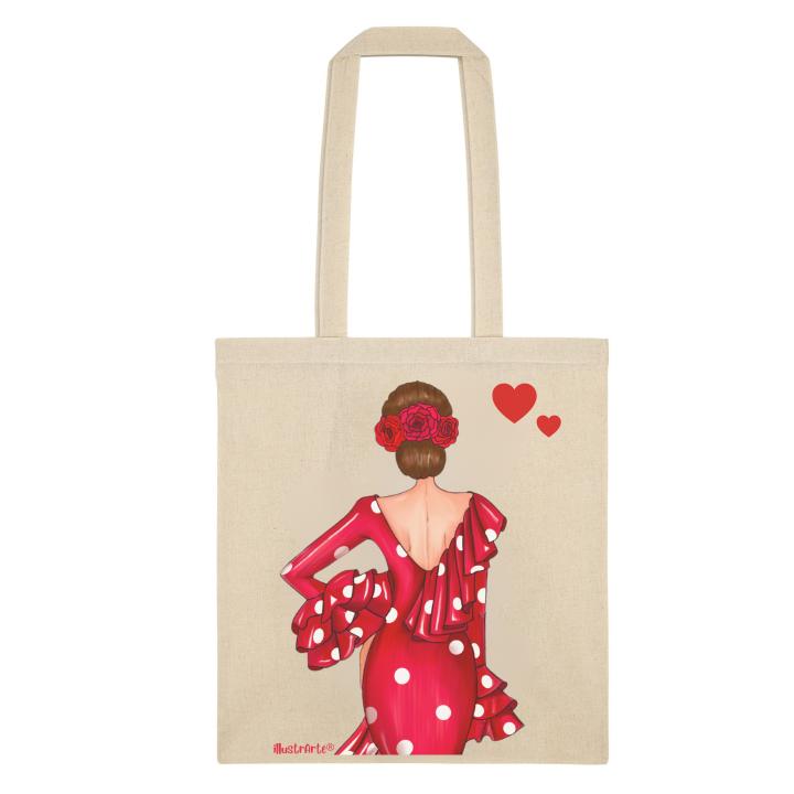 👜 IllustrArte Bolsa Tote Cádiz Diseño Flamenca “Macarena” | Algodón 135 g/m² (38 x 42 cm) | Asas Largas de 60 cm | Impresión en un Lado | Bolsa Reutilizable y Ligera (Soporta hasta 5 kg)