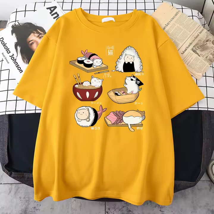Camiseta De Algodón Para Hombre Estilizada Con Diseño De Gato Sushi Estilo Harajuku Manga Corta Casual Oversized Moda Verano - 1