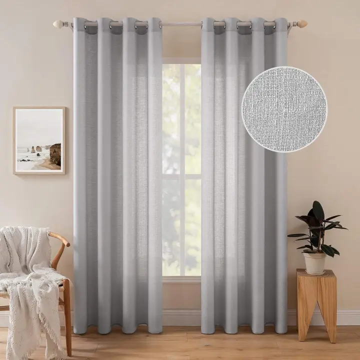 Cortinas de tul de dos piezas para sala de estar, cortinas de lino de poliéster con ojales, cortinas modernas para dormitorio, sala de estar, dormitorio, comedor, cocina, 132 cm x 160 cm, gris claro - 1