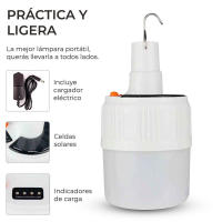 Lámpara Led Solar Recargable | Luz de emergencia para Camping | Gancho de acero inoxidable | Diferentes intensidades de luz | Luz indicadora de batería | Portátil y ergonómica [Clase de eficiencia energética A+++] |  - details 0