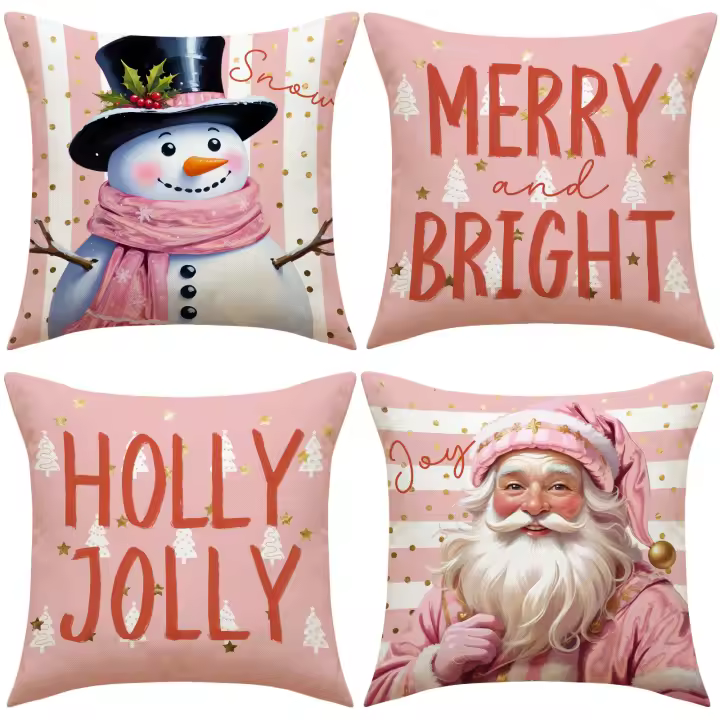 Juego de 4 fundas de almohada Rosa Muñeco de Navidad, combinación de lino resistente a Las Manchas para la decoración del sofá de La Sala de estar - 1