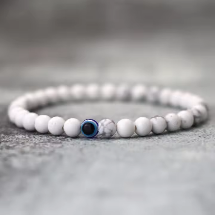 Pulsera De Piedra 6mm Para Hombres Estilo Simple Con Ojos Turcos MEDITACIÓN HEALING Pulsera De Hada Roja Blanca Azul Howlite De Terciopelo Sin Cierre - 1
