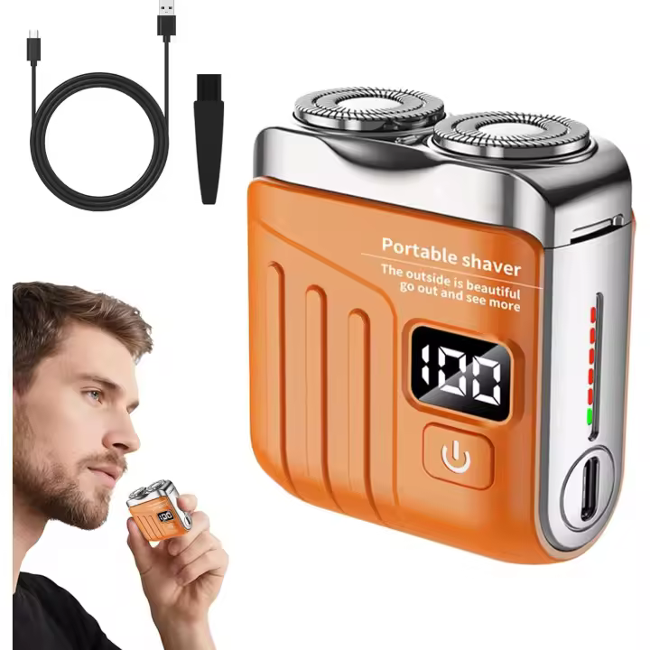 Afeitadora eléctrica portátil de doble anillo rotatorio, mini afeitadora de bolsillo USB mejorada 2025 para hombres, mini afeitadora eléctrica recargable de doble cabezal para casa, coche y viajes (naranja) - 1