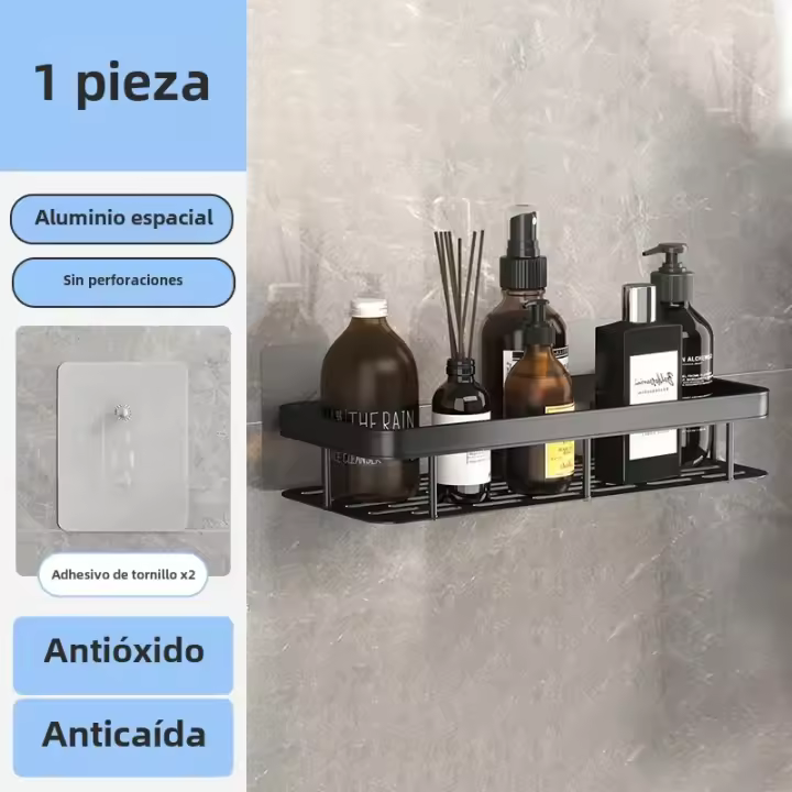 Estante de baño de aleación de aluminio, organizador de almacenamiento de maquillaje, champú, ducha, accesorios de baño, sin taladro, estante de pared - 1