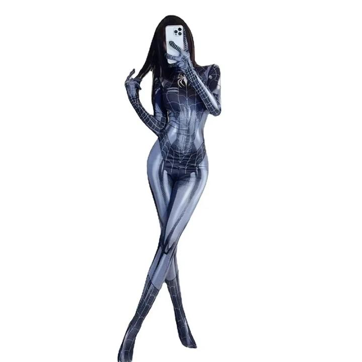 Traje De Cosplay Superhéroe Gato Negro Sexy Para Mujer Disfraz De Aracnida Talla Grande Estampado 3D Pantalones Terciopelo Juego De Halloween Y Navidad