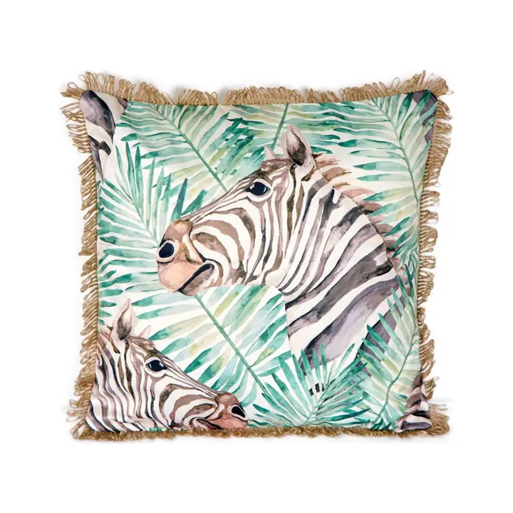 Cojín Estampado Cebra Tropical con Flecos de Yute - 1