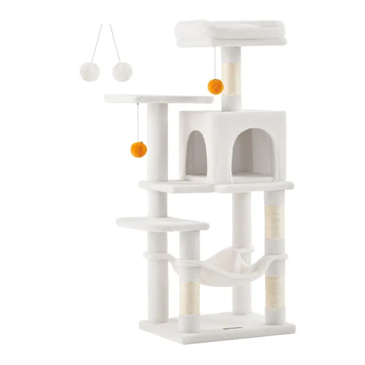 Árbol para Gatos Multinivel de 112 cm - Torre con Postes Rascadores, Plataformas, Cueva, Hamaca y Pompones, Tela de Felpa, Colores Blanco Crema y Rosa Caramelo - 1