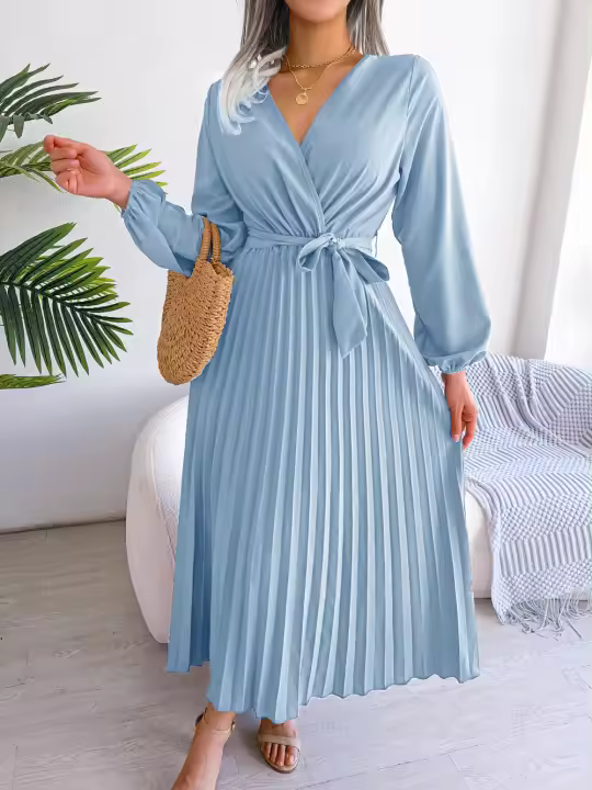Vestido Largo Elegante Para Mujer Con Cuello En V Manga Larga Pleated Maxi Con Cinturón Estilo Casual De Pierna Larga - 1