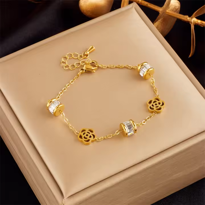Pulsera De Acero Inoxidable 316L Con Diseño De Flor Y Zirconia Dorada Para Mujer Joyería De Moda Con Cierres De Cangrejo Regalo De Cumpleaños - 1
