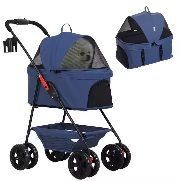 PawHut Carrito para Perros Plegable Cochecito para Mascotas Carrito para Perros Miniatura con Barra de Empuje Ajustable Diseño Abierto Cojín Bolsa de Almacenamiento y Ruedas 53x45x28 cm - 1
