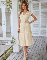 Vestido Largo Medio De Verano Para Mujer Con Manga Volante Y Cuello V Estilo Casual Suelto A-Line Sin Capucha Material Viscosa Y Poliéster - details 5