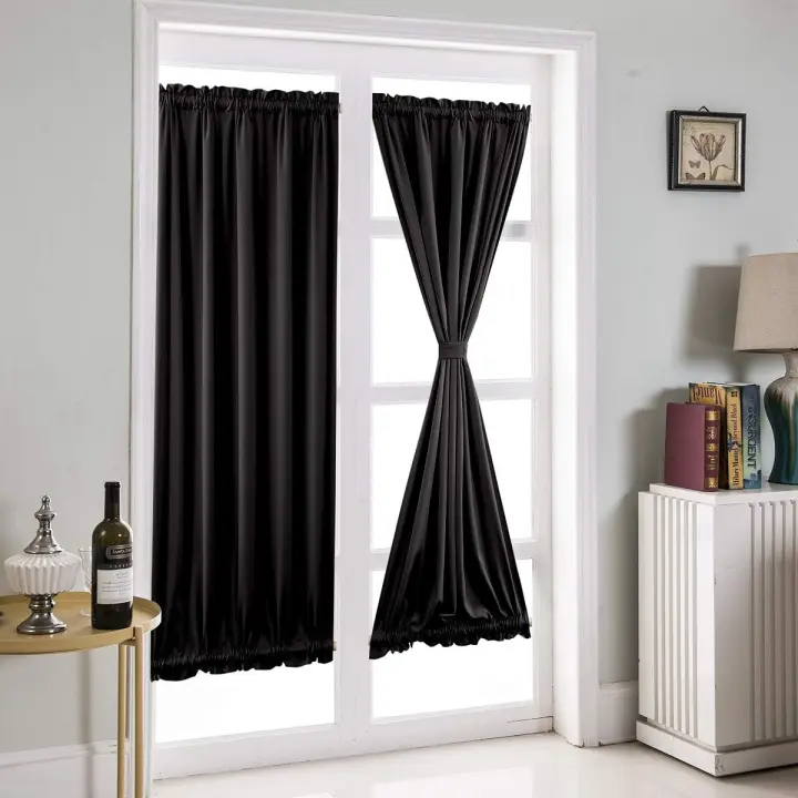 Cortina de puerta francesa de color puro, cortinas opacas para sala de estar, cocina, dormitorio, comedor, 1 panel (negro, 64*102 cm) - 1