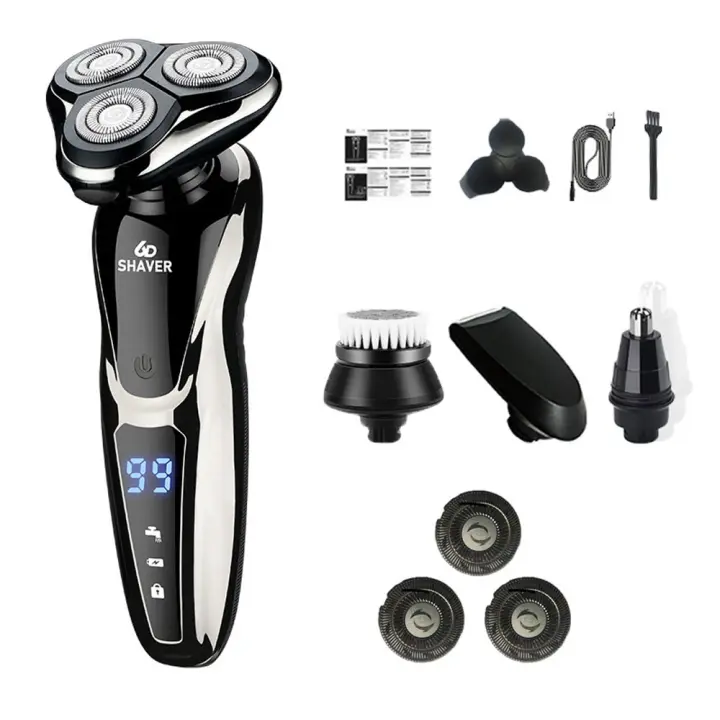 Afeitadora eléctrica para hombre, afeitadora de barba, eléctrica, recargable, lavable, de una pieza, + depilador de nariz + depilador de patillas + 3 cuchillas + cepillo limpiador - 1