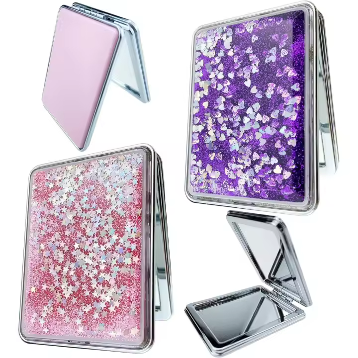 2 mini espejos compactos plegables para maquillaje, color rosa y morado, de viaje, portátiles, de doble cara, para hombres, mujeres y niñas, cuadrados (rosa y morado). - 1