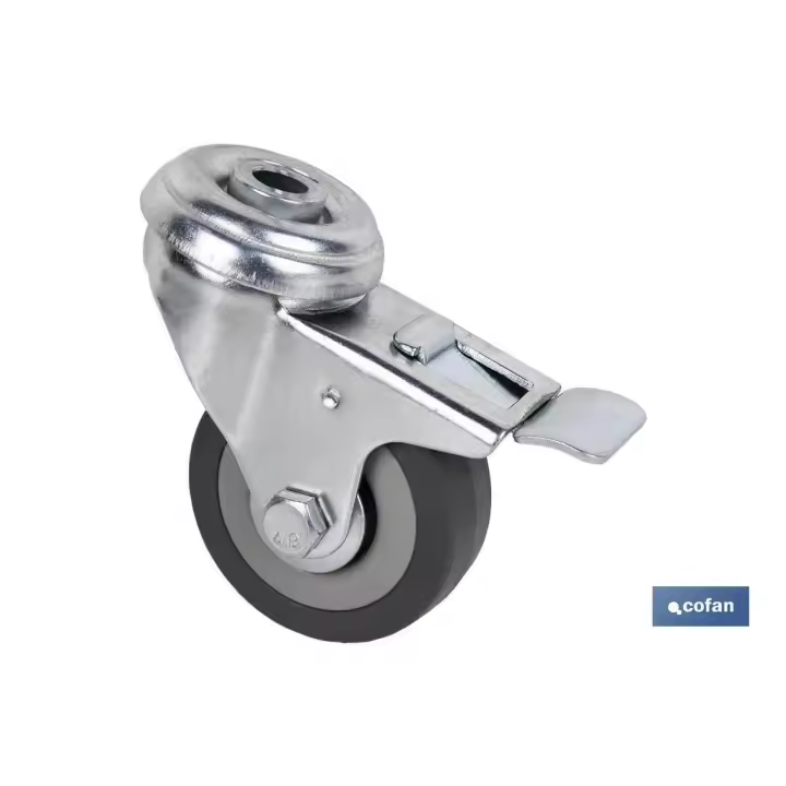 Cofan Rueda de Goma Gris con Freno de Metal para Tornillo Pasante | Diametros 50-75 Mm | Hasta 45 Kg - 1