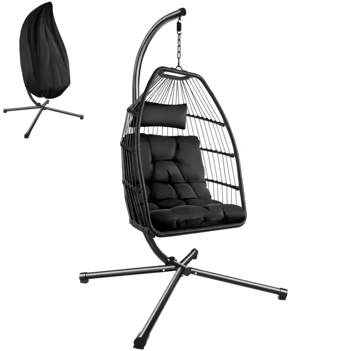 Tectake - Silla colgante ARIANE con estructura y cojín 160 kg  Muy cómoda y estable  Silla plegable y giratoria  Cojín del asiento extra grueso y extraíble  Cómodo reposacabezas que se ata a la estructura  Estructura de acero - 1