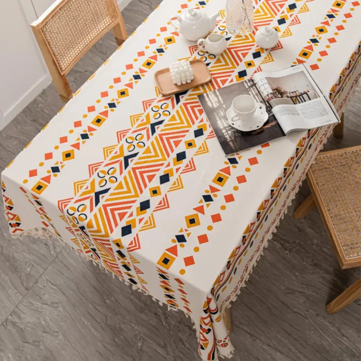 Mantel Rectangular de Lino y Algodón jacquard fácil de limpiar con borlas, lavable, resistente a Las arrugas y al agua, 120x180 cm (A) - 1
