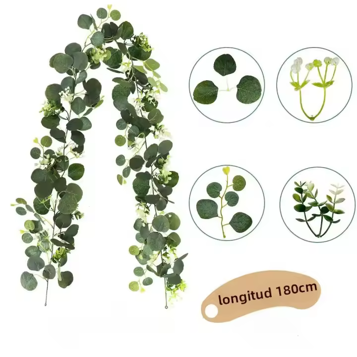 Guirnalda De Hojas De Eucalipto Artificiales Verdes Con Flores Y Bayas Blancas 1pc Decoración Para Bodas Y Fiestas En Casa - 1