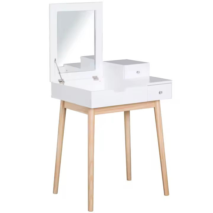 HOMCOM Tocador de diseño escandinavo Mesa de maquillaje con espejo plegable multiusos 60L x 50L x 86H cm Pino y MDF Blanco - 1