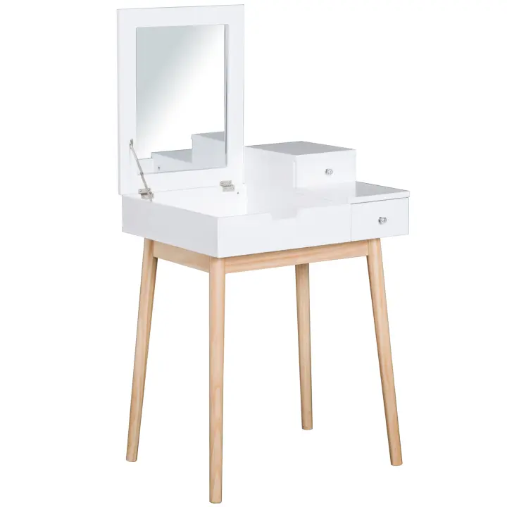 HOMCOM Tocador de diseño escandinavo Mesa de maquillaje con espejo plegable multiusos 60L x 50L x 86H cm Pino y MDF Blanco - 1