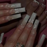 Juego De 24 Uñas Postizas Con Diseño De Flor Y Forma De Coffin Largas Ballerina Frases Francesas Acrílicas Cubiertas Por Encima Para Uñas Artísticas - details 10