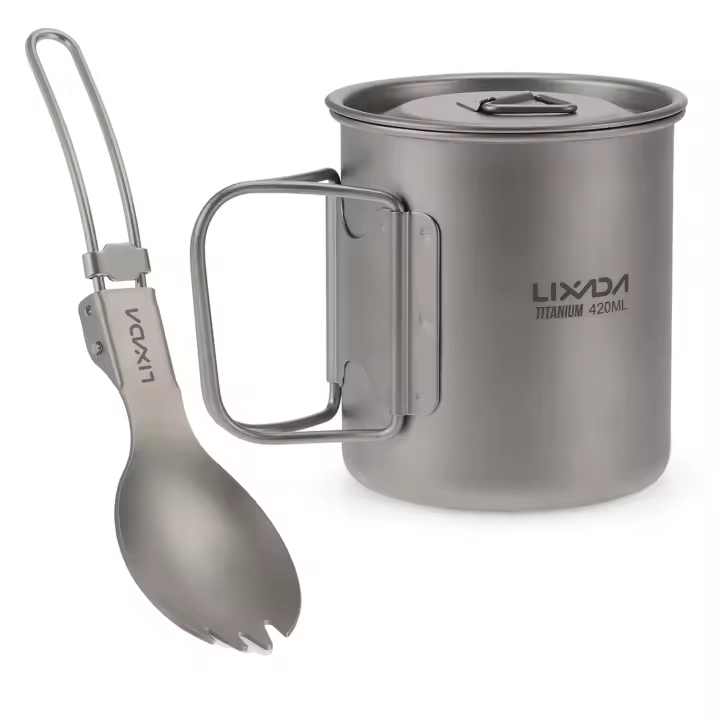 Lixada Juego De Cocina Ultraligero De Titanio 300ml/350ml/420ml/550ml/650ml/750ml Con Cuchara Plegable Para Camping Incluye Vaso Y Comedor - 1